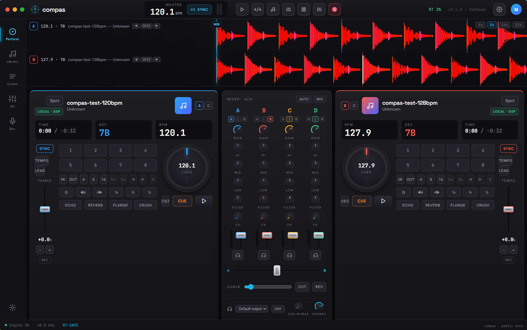 compas performance screen — dual decks, center mixer, band-colored waveform lanes